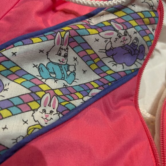 Vintage Pink Baby Snowsuit 0-6M Bunting Bag Hooded Bunny Print 80s/90s  Cozycore - Picture 7 of 8